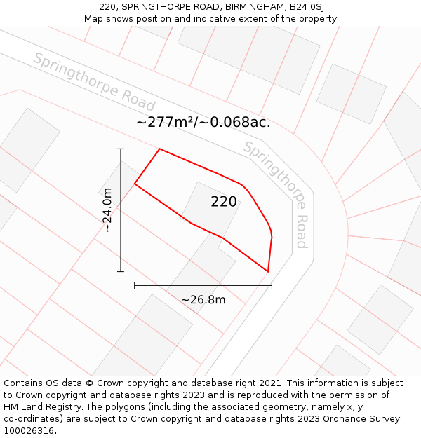 220, SPRINGTHORPE ROAD, BIRMINGHAM, B24 0SJ: Plot and title map