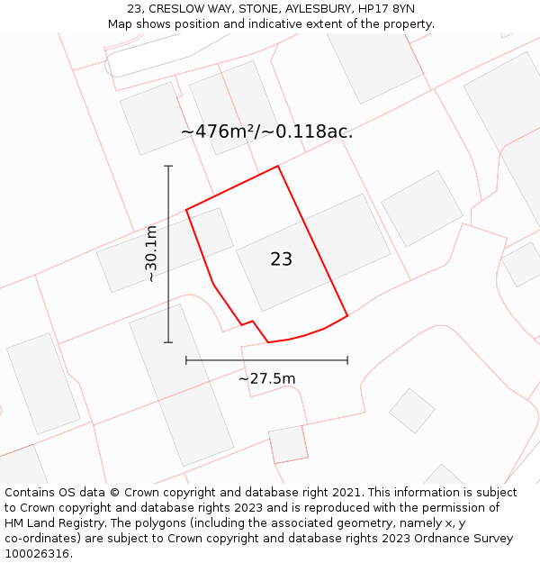 23, CRESLOW WAY, STONE, AYLESBURY, HP17 8YN: Plot and title map