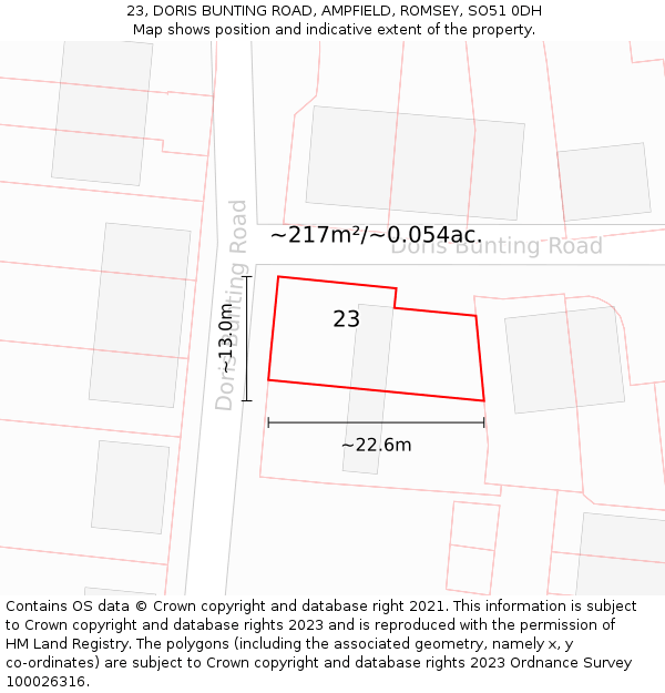 23, DORIS BUNTING ROAD, AMPFIELD, ROMSEY, SO51 0DH: Plot and title map