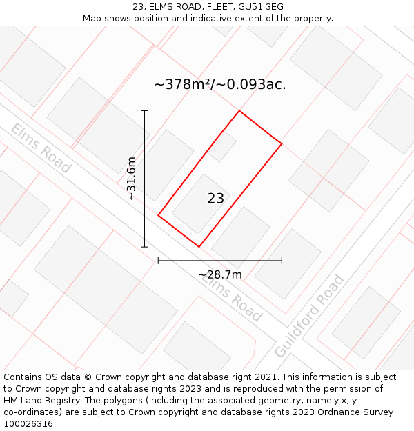 23, ELMS ROAD, FLEET, GU51 3EG: Plot and title map