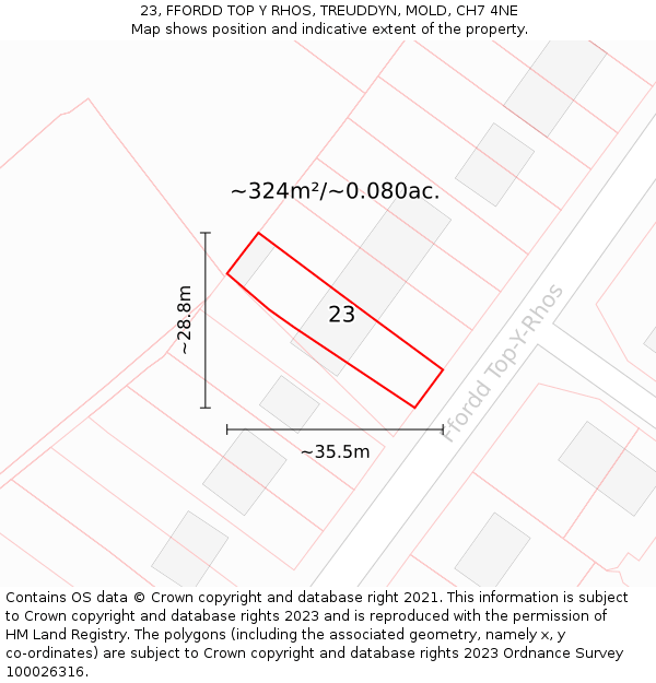 23, FFORDD TOP Y RHOS, TREUDDYN, MOLD, CH7 4NE: Plot and title map