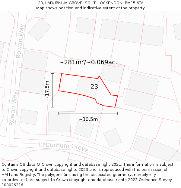 23, LABURNUM GROVE, SOUTH OCKENDON, RM15 6TA: Plot and title map