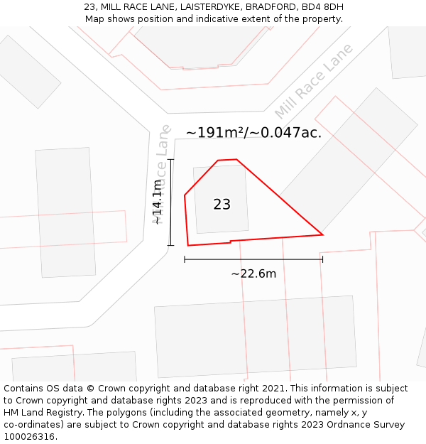 23, MILL RACE LANE, LAISTERDYKE, BRADFORD, BD4 8DH: Plot and title map