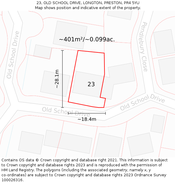 23, OLD SCHOOL DRIVE, LONGTON, PRESTON, PR4 5YU: Plot and title map