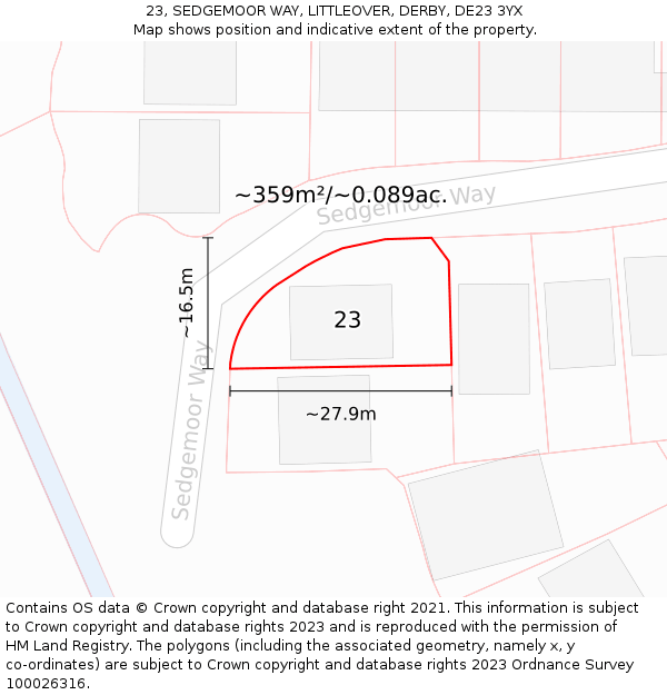 23, SEDGEMOOR WAY, LITTLEOVER, DERBY, DE23 3YX: Plot and title map