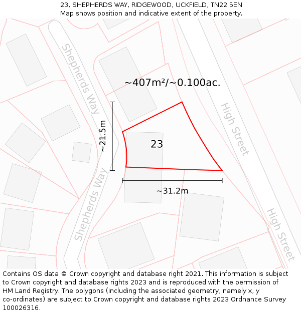 23, SHEPHERDS WAY, RIDGEWOOD, UCKFIELD, TN22 5EN: Plot and title map