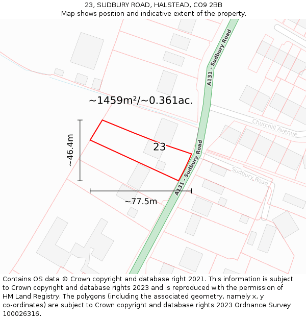 23, SUDBURY ROAD, HALSTEAD, CO9 2BB: Plot and title map