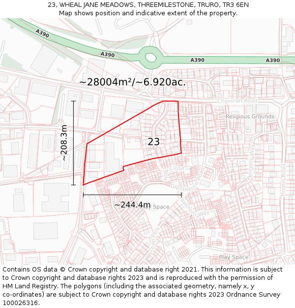 23, WHEAL JANE MEADOWS, THREEMILESTONE, TRURO, TR3 6EN: Plot and title map