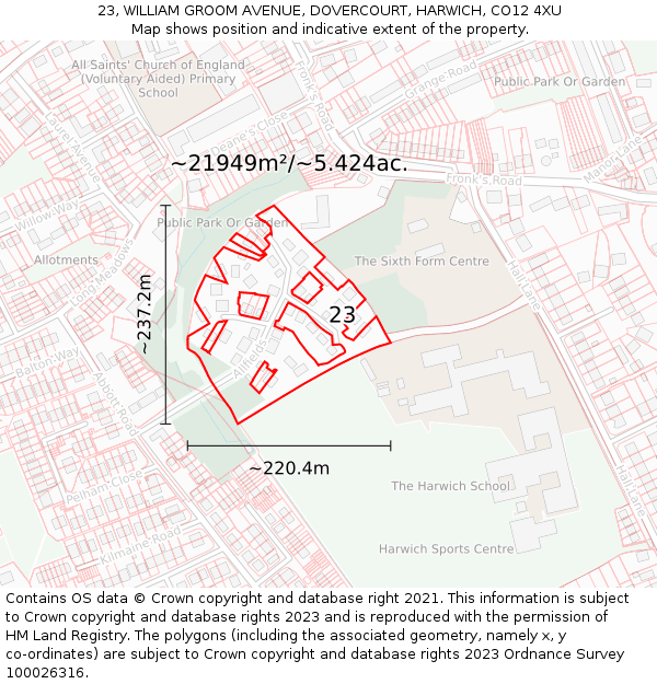 23, WILLIAM GROOM AVENUE, DOVERCOURT, HARWICH, CO12 4XU: Plot and title map