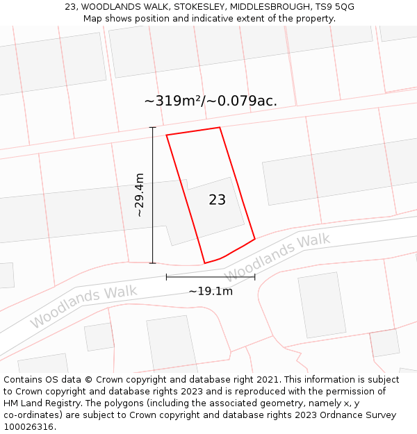 23, WOODLANDS WALK, STOKESLEY, MIDDLESBROUGH, TS9 5QG: Plot and title map