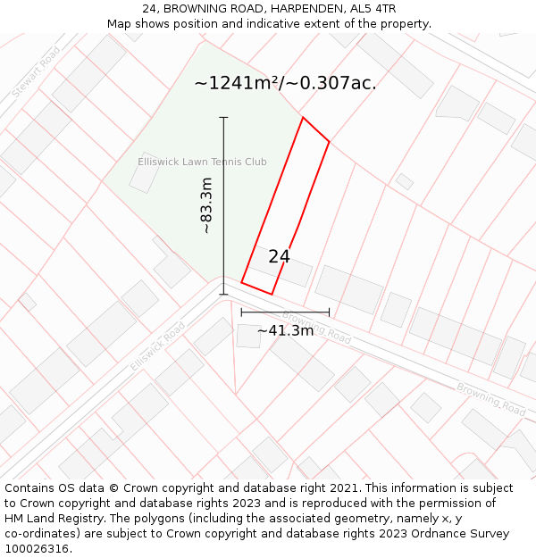 24, BROWNING ROAD, HARPENDEN, AL5 4TR: Plot and title map