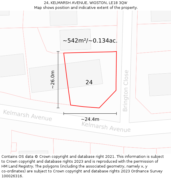 24, KELMARSH AVENUE, WIGSTON, LE18 3QW: Plot and title map