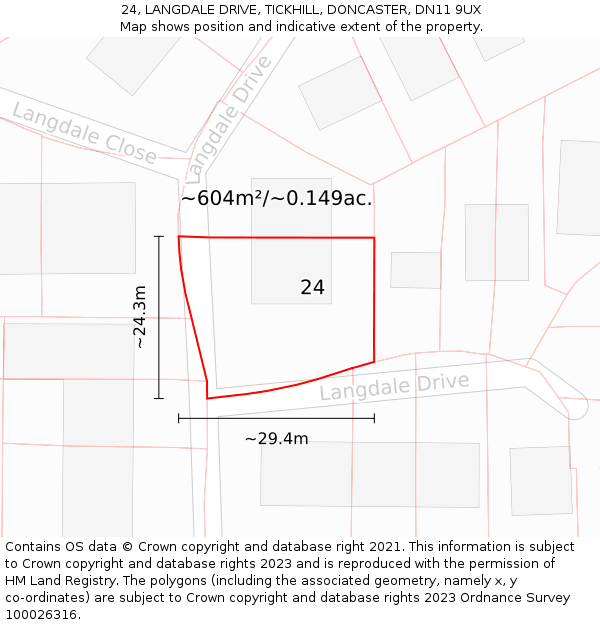 24, LANGDALE DRIVE, TICKHILL, DONCASTER, DN11 9UX: Plot and title map