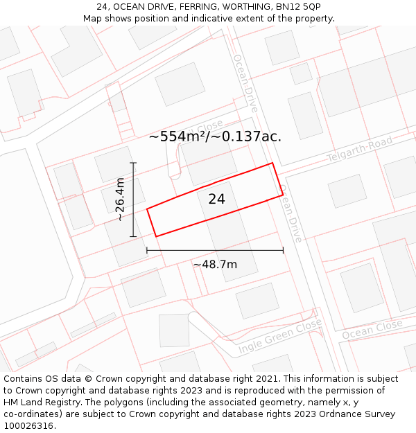 24, OCEAN DRIVE, FERRING, WORTHING, BN12 5QP: Plot and title map