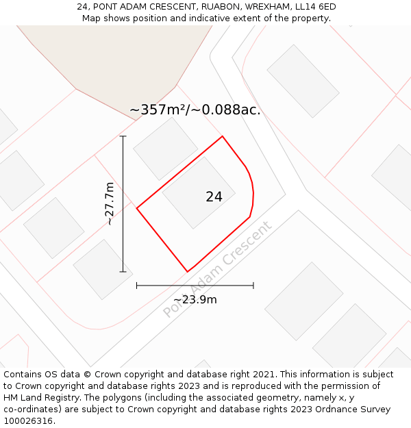 24, PONT ADAM CRESCENT, RUABON, WREXHAM, LL14 6ED: Plot and title map