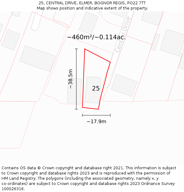 25, CENTRAL DRIVE, ELMER, BOGNOR REGIS, PO22 7TT: Plot and title map