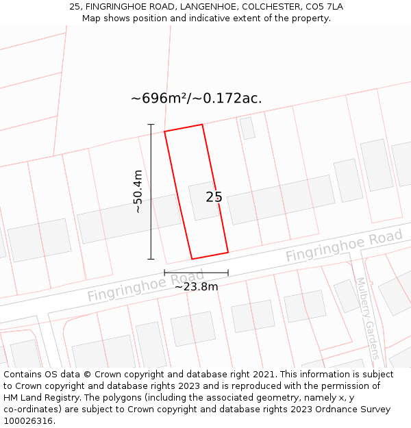 25, FINGRINGHOE ROAD, LANGENHOE, COLCHESTER, CO5 7LA: Plot and title map