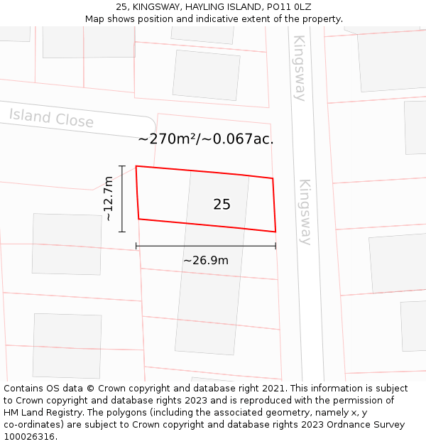 25, KINGSWAY, HAYLING ISLAND, PO11 0LZ: Plot and title map