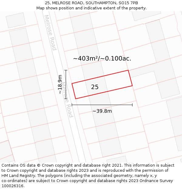 25, MELROSE ROAD, SOUTHAMPTON, SO15 7PB: Plot and title map