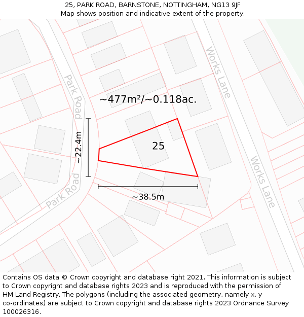 25, PARK ROAD, BARNSTONE, NOTTINGHAM, NG13 9JF: Plot and title map