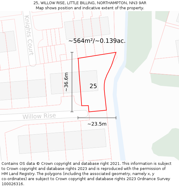 25, WILLOW RISE, LITTLE BILLING, NORTHAMPTON, NN3 9AR: Plot and title map