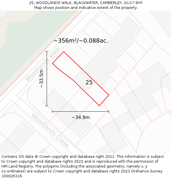 25, WOODLANDS WALK, BLACKWATER, CAMBERLEY, GU17 9HY: Plot and title map