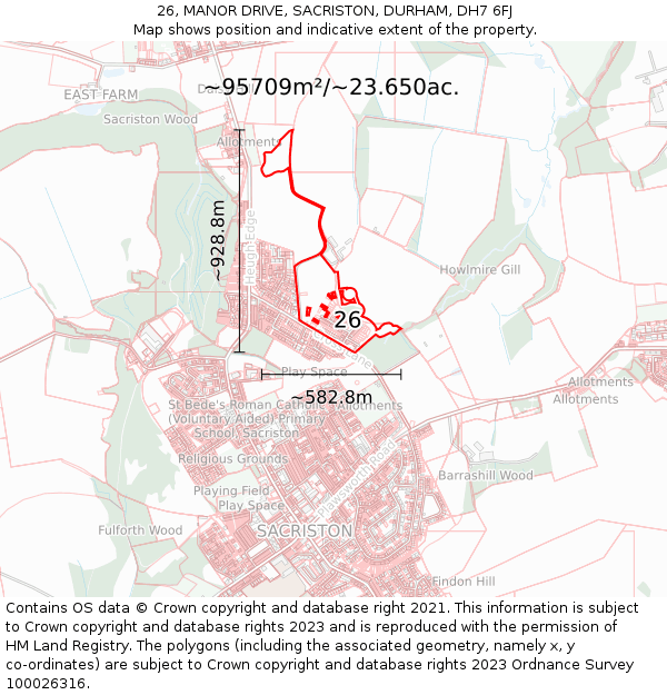 26, MANOR DRIVE, SACRISTON, DURHAM, DH7 6FJ: Plot and title map