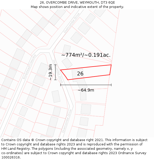 26, OVERCOMBE DRIVE, WEYMOUTH, DT3 6QE: Plot and title map