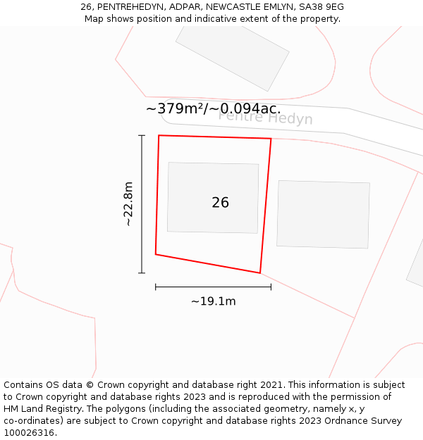 26, PENTREHEDYN, ADPAR, NEWCASTLE EMLYN, SA38 9EG: Plot and title map