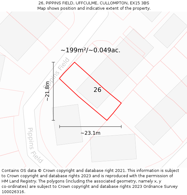 26, PIPPINS FIELD, UFFCULME, CULLOMPTON, EX15 3BS: Plot and title map