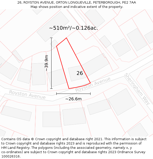 26, ROYSTON AVENUE, ORTON LONGUEVILLE, PETERBOROUGH, PE2 7AA: Plot and title map