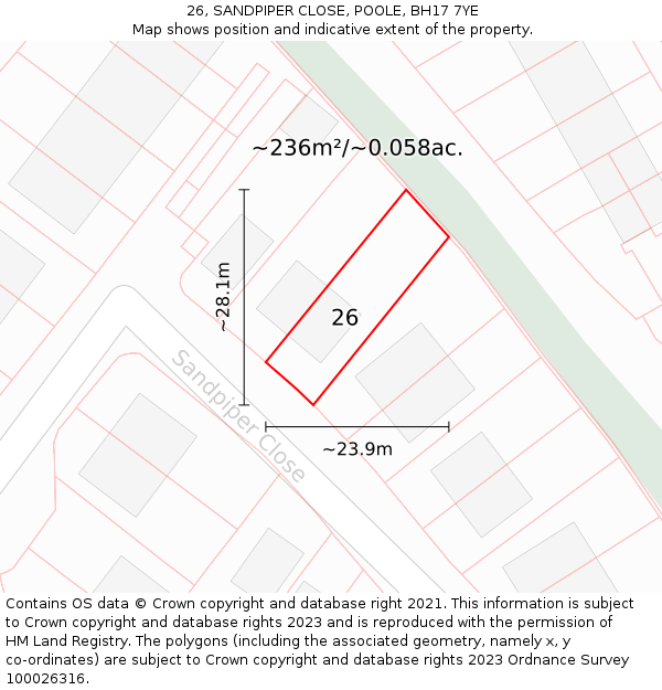 26, SANDPIPER CLOSE, POOLE, BH17 7YE: Plot and title map