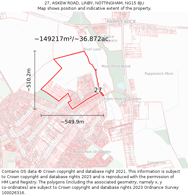 27, ASKEW ROAD, LINBY, NOTTINGHAM, NG15 8JU: Plot and title map