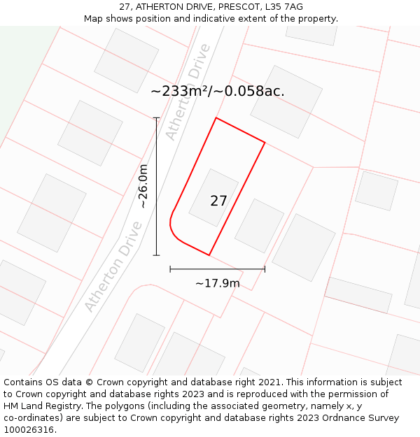 27, ATHERTON DRIVE, PRESCOT, L35 7AG: Plot and title map