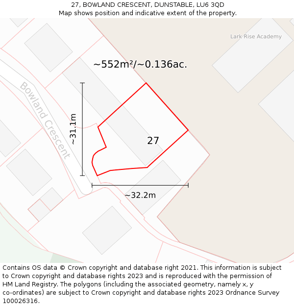 27, BOWLAND CRESCENT, DUNSTABLE, LU6 3QD: Plot and title map