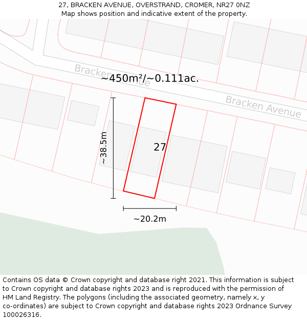 27, BRACKEN AVENUE, OVERSTRAND, CROMER, NR27 0NZ: Plot and title map