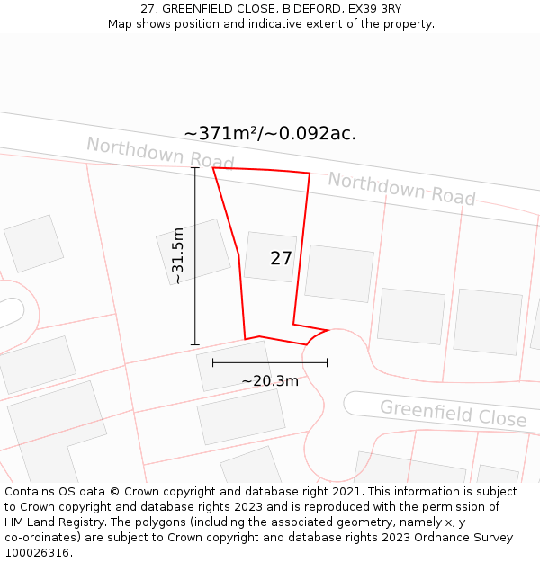 27, GREENFIELD CLOSE, BIDEFORD, EX39 3RY: Plot and title map