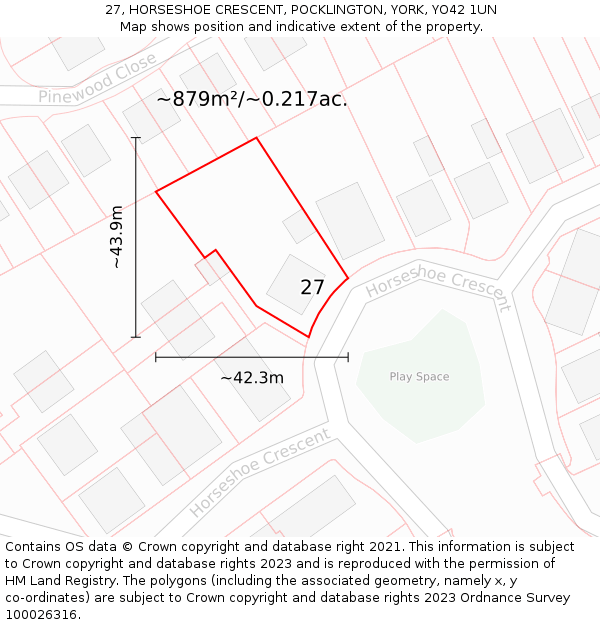 27, HORSESHOE CRESCENT, POCKLINGTON, YORK, YO42 1UN: Plot and title map
