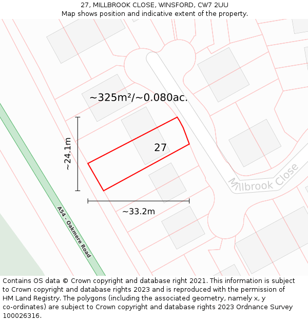 27, MILLBROOK CLOSE, WINSFORD, CW7 2UU: Plot and title map