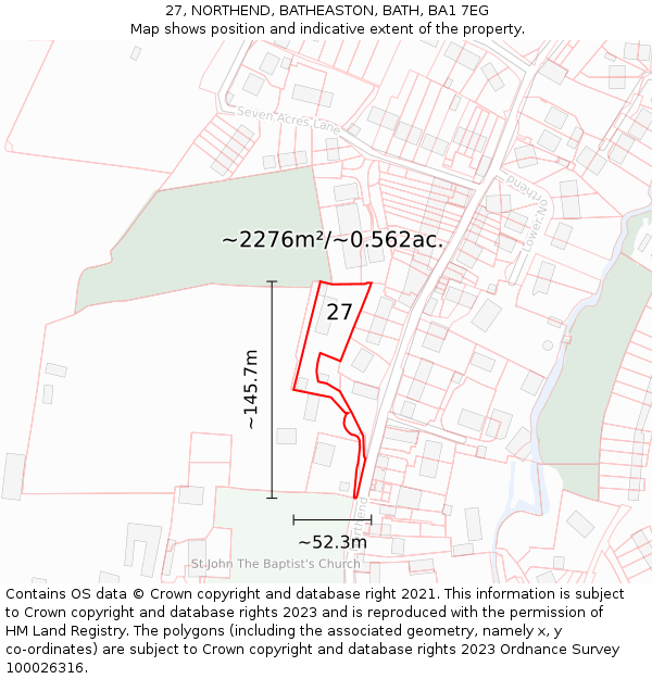 27, NORTHEND, BATHEASTON, BATH, BA1 7EG: Plot and title map