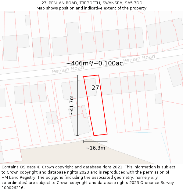 27, PENLAN ROAD, TREBOETH, SWANSEA, SA5 7DD: Plot and title map