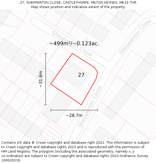 27, SHEPPERTON CLOSE, CASTLETHORPE, MILTON KEYNES, MK19 7HR: Plot and title map