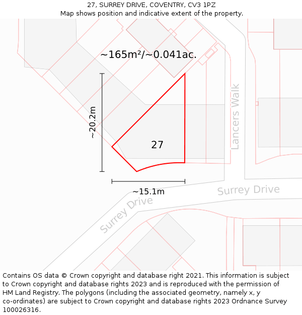 27, SURREY DRIVE, COVENTRY, CV3 1PZ: Plot and title map