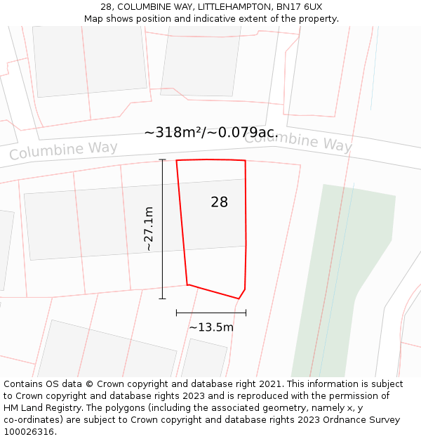 28, COLUMBINE WAY, LITTLEHAMPTON, BN17 6UX: Plot and title map