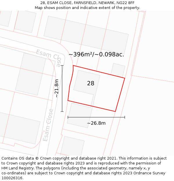 28, ESAM CLOSE, FARNSFIELD, NEWARK, NG22 8FF: Plot and title map