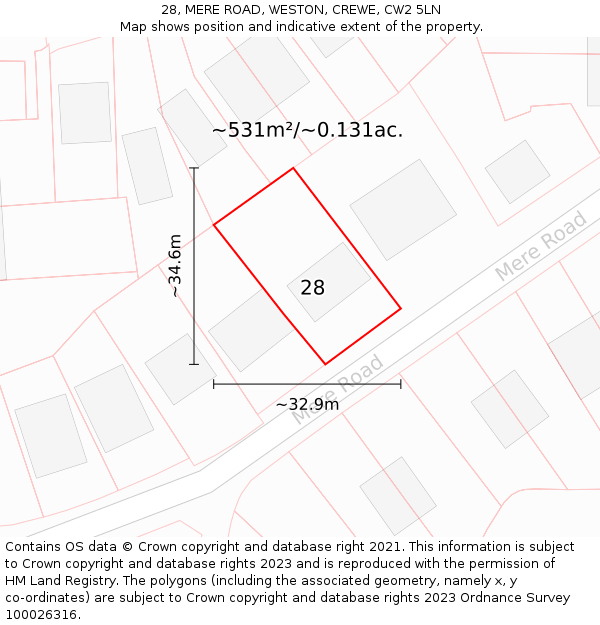 28, MERE ROAD, WESTON, CREWE, CW2 5LN: Plot and title map