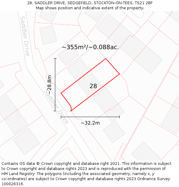 28, SADDLER DRIVE, SEDGEFIELD, STOCKTON-ON-TEES, TS21 2BF: Plot and title map