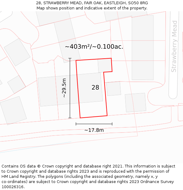 28, STRAWBERRY MEAD, FAIR OAK, EASTLEIGH, SO50 8RG: Plot and title map