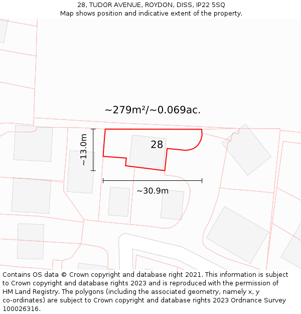 28, TUDOR AVENUE, ROYDON, DISS, IP22 5SQ: Plot and title map