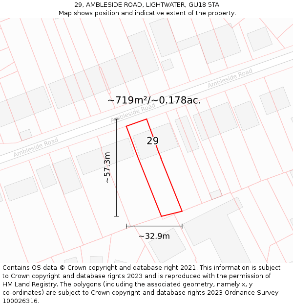 29, AMBLESIDE ROAD, LIGHTWATER, GU18 5TA: Plot and title map